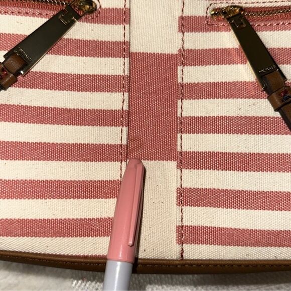 TH Ivory Coral Pink Brown Canvas Stripe Faux Leather Trim Medium Tote Handbag - Picture 15 of 15